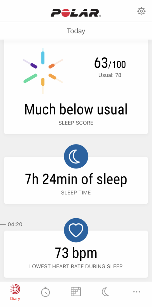 Sleep data on Polar Pacer Pro app